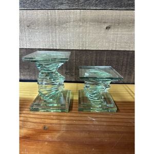 Layered Glass Geometric Candle Holder Blue-Green Set Of 2